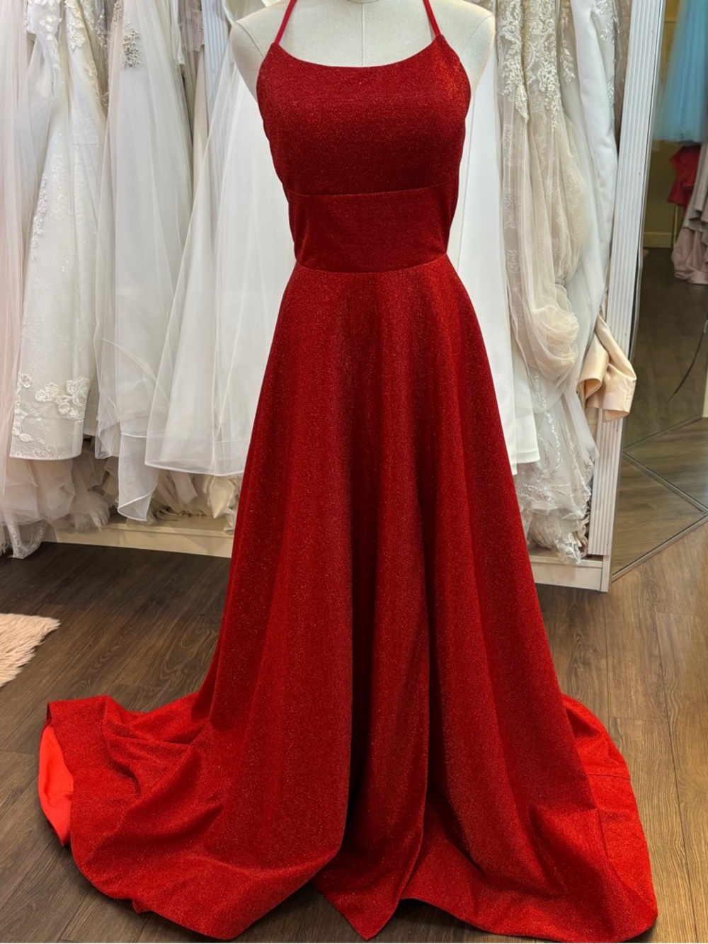 Red Sparkle Halter Evening Gown